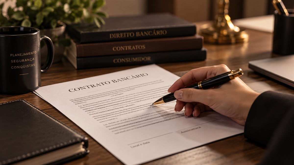 Contrato bancário sobre mesa de escritório, com caneta