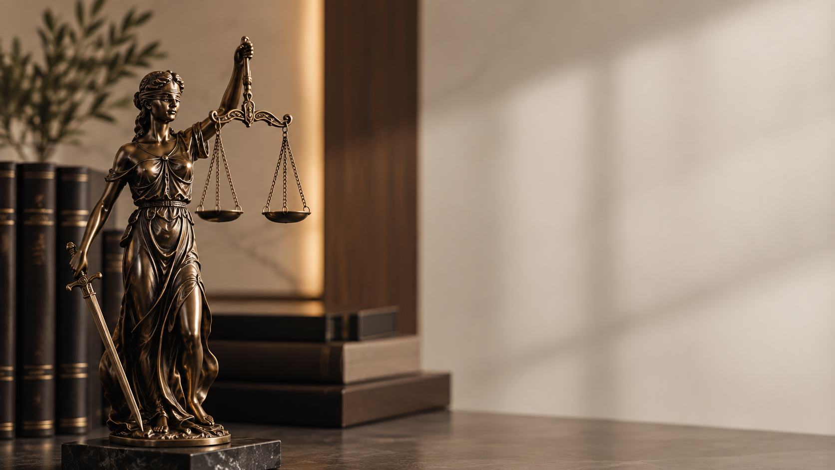 Estátua da Justiça em ambiente de escritório